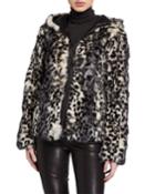 Leopard-print Rabbit Fur Reversible Hooded Jacket