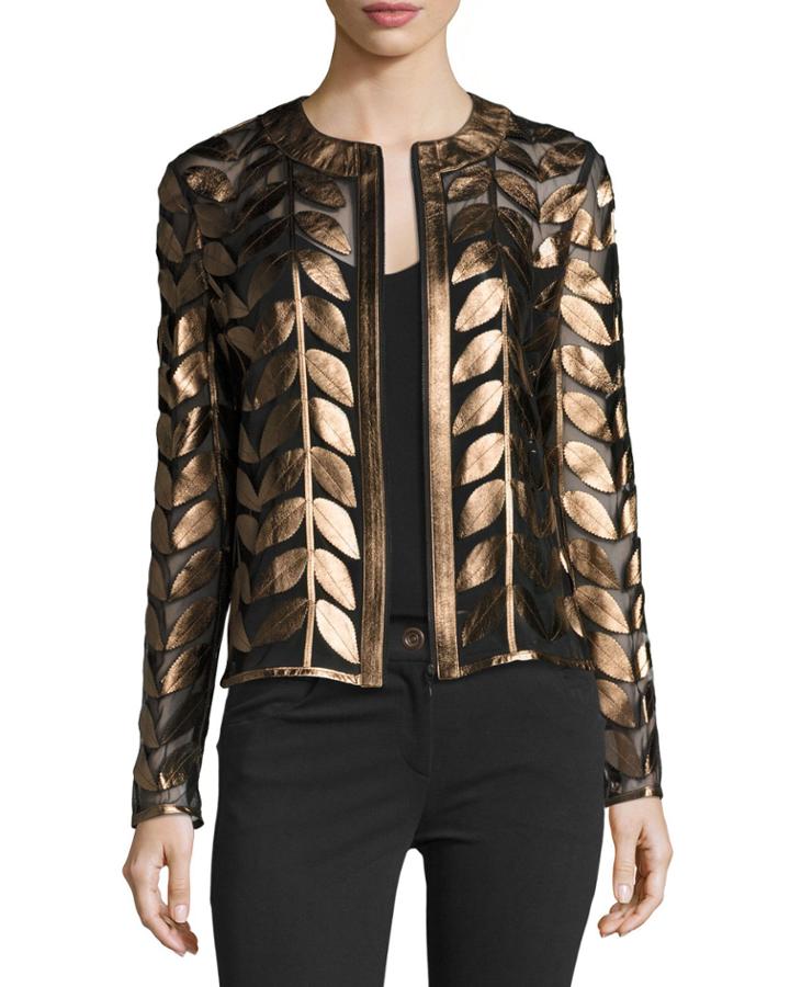 Metallic Leather Leaf & Mesh Combo Jacket