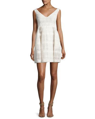 Sleeveless V-neck Floral Macrame Dress, White