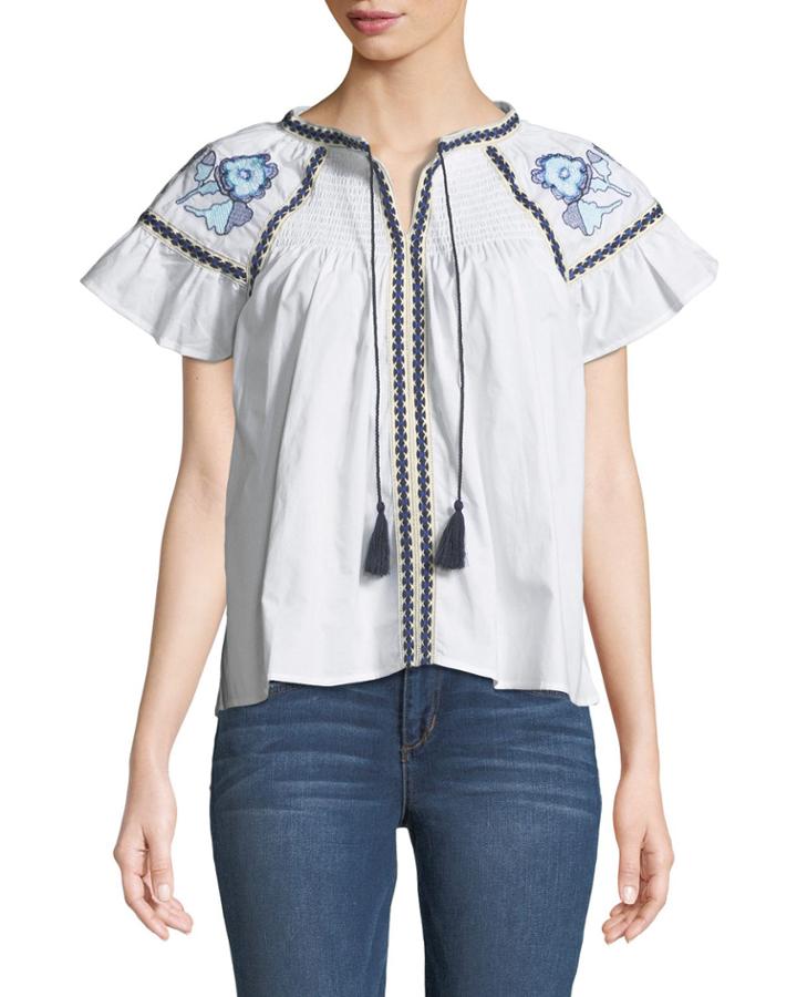 Smocked-yoke Embroidered Peasant Tee