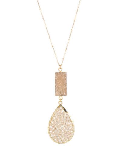 Long Champagne Drusy & Beaded Double-drop Pendant Necklace