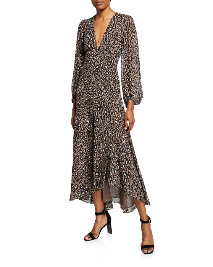 Buell Plunged Animal-print Long-sleeve Midi Dress W/