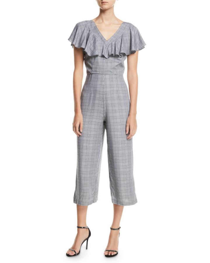 Glen-check Ruffle-trimmed V-neck Culotte Jumpsuit