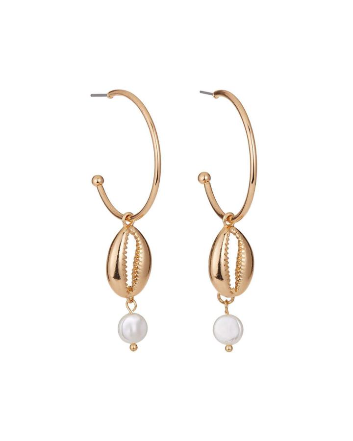 Simulated Pearl & Cowie Shell Hoop Drop Earrings