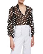 Julius Sheer Polka-dot Ruffle-sleeve Tunic Top