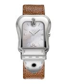 Mother-of-pearl & Diamond-dial Pebbled Leather Watch, Brown