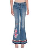 Low-rise Faded Denim Flared-leg Jeans With Floral-embroidery