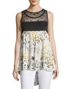 Printed Woven Babydoll Tank, White Pattern