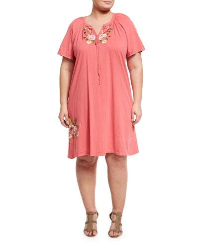 Embroidered Drawstring Peasant Dress, Coral