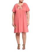 Embroidered Drawstring Peasant Dress, Coral