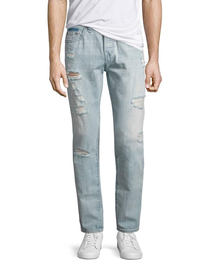 Dean Distressed Slim-straight Jeans, Worn Tropics (light Blue)