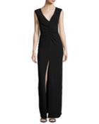 Cap-sleeve V-neck Ruched-front Column Evening Gown