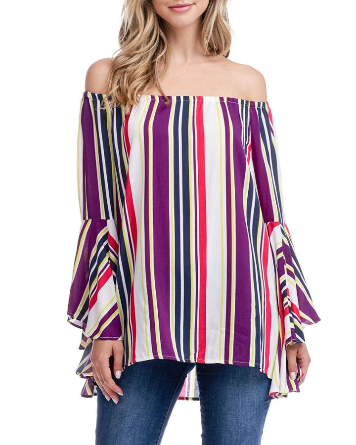 Striped Off-the-shoulder Ruffle-sleeve High-low Top