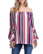 Striped Off-the-shoulder Ruffle-sleeve High-low Top