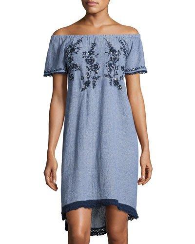 Off-the-shoulder Embroidered Dress, Blue