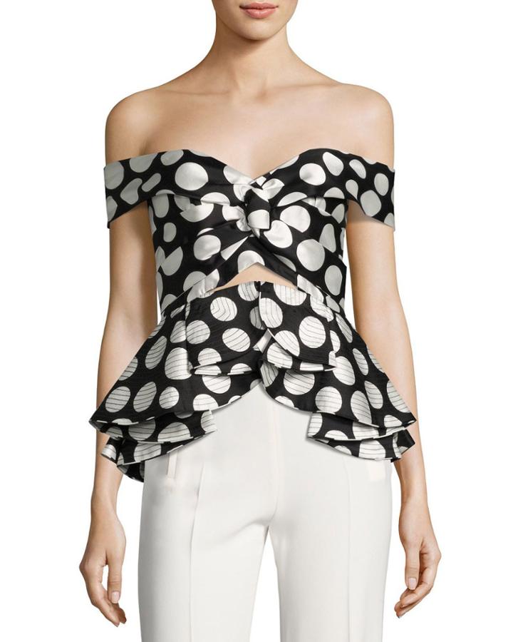 Off-shoulder Polka Dot Silk Top, Black/white