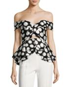 Off-shoulder Polka Dot Silk Top, Black/white