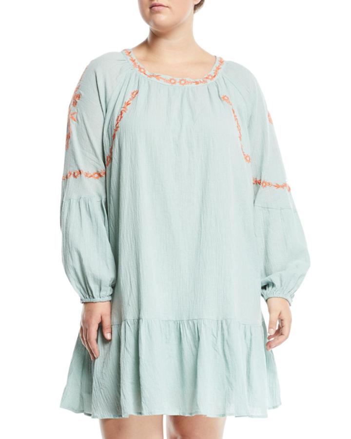 Embroidered Blouson-sleeve Tunic Dress,