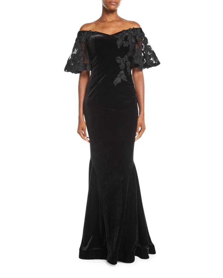 Off-the-shoulder Velvet Mermaid Gown W/ Embroidery