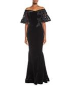 Off-the-shoulder Velvet Mermaid Gown W/ Embroidery