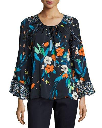 3/4-sleeve Floral-print Satin Top, Blue Pattern