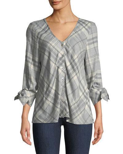 Kit Tie-sleeve Plaid Flannel Blouse
