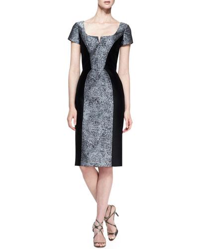 Short-sleeve Broadtail Jacquard Dress, Gray/black