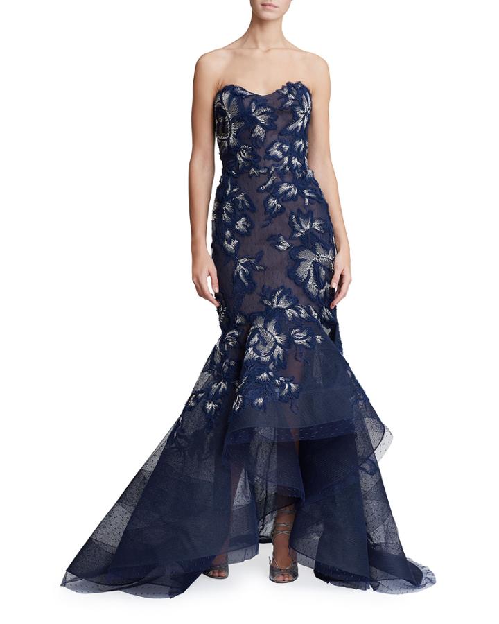 Strapless Floral-embroidered High-low Gown