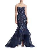 Strapless Floral-embroidered High-low Gown