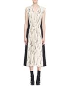 V-neck Sleeveless Zip-front Feather-print A-line Dress
