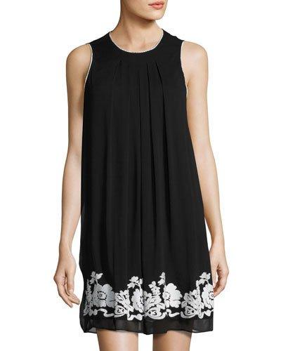 Embroidered Chiffon Sleeveless Dress, Black