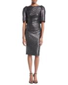 Lobata Cape-sleeve Glitter Jersey Sheath Cocktail Dress