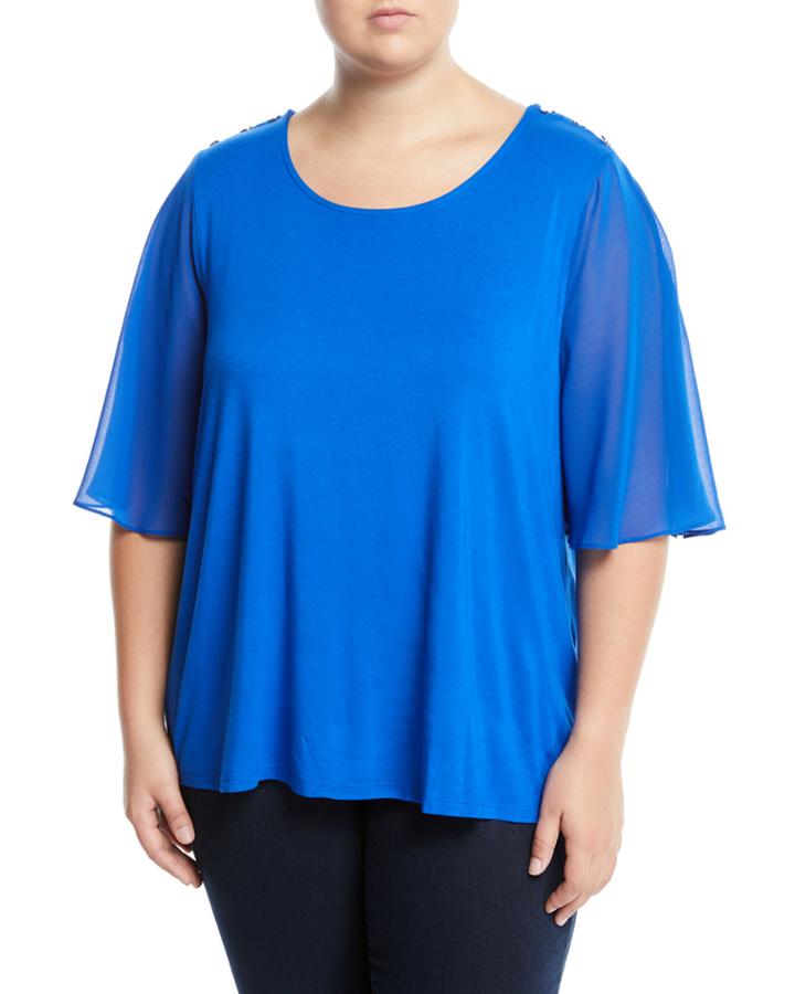 Button-shoulder Flutter-sleeve Blouse,