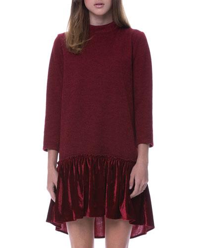 Drop-waist Knit Dress W/ Velvet Hem