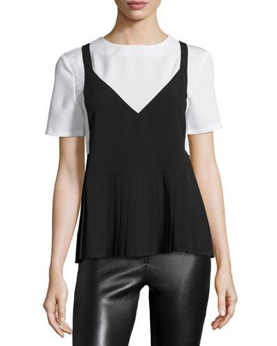 Woven Short-sleeve Peplum Top, White/black