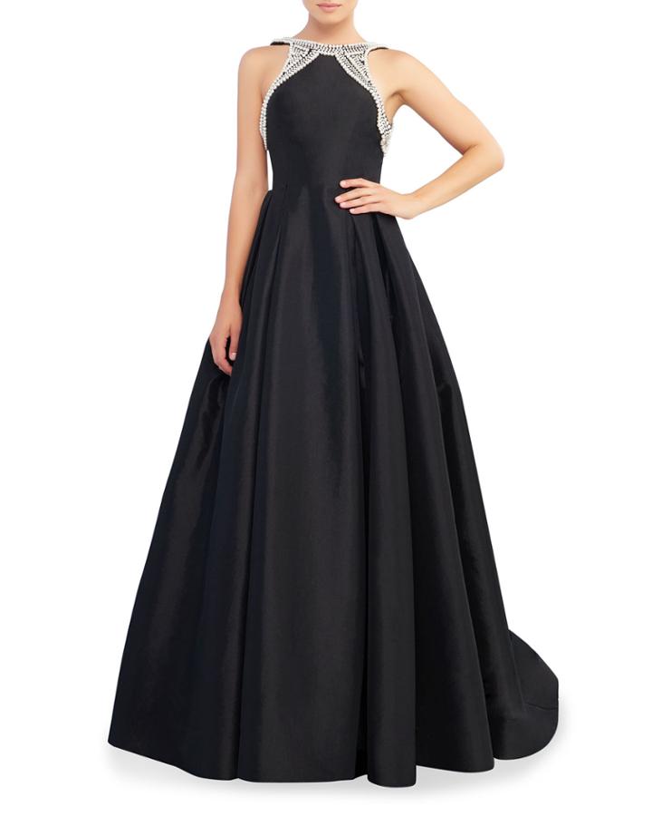 Pearl Beaded Halter-neck Taffeta Ball Gown