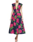 Geranium-print Deep V-neck Back-pleated Dress, Indigo