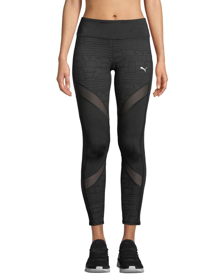 Clash Mesh-striped Print-panel Leggings, Black