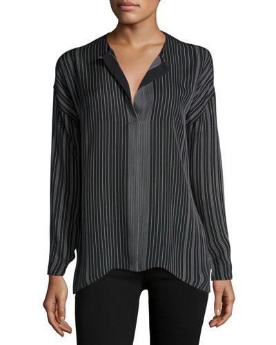 Silk Stripe-print Blouse, Black/white