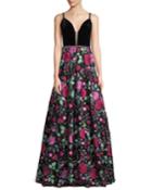 Velvet-bodice Floral Embroidered Gown