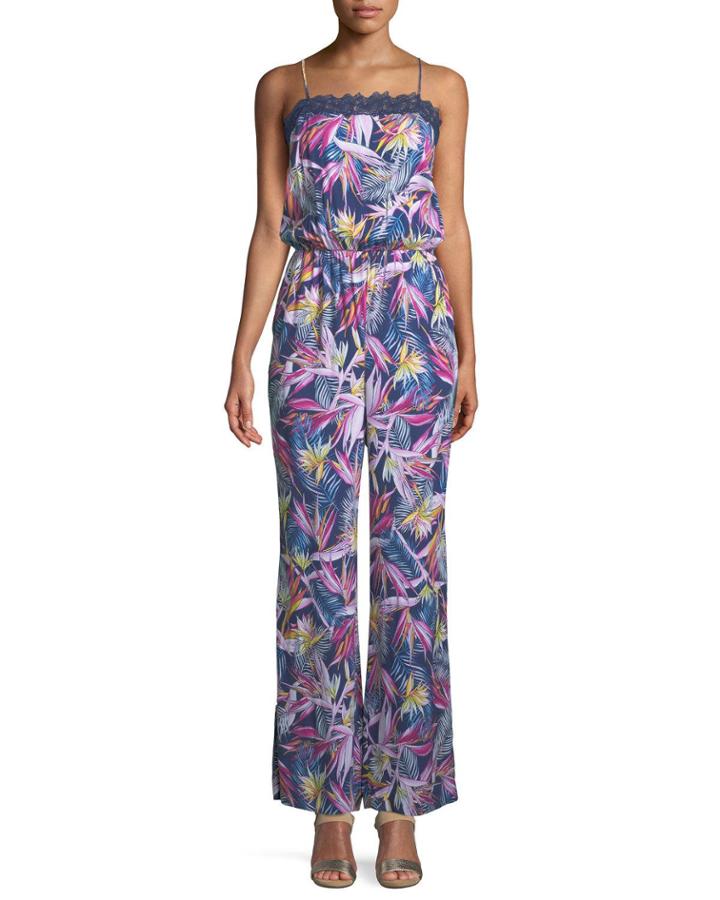Floral-print Lace-trimmed Jumpsuit