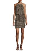 Samala Silk Embroidered Blouson Dress, Black/gold