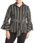 Striped Bell-sleeve Belted Blouse,