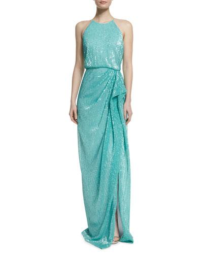 Sleeveless Draped Sequined Column Gown