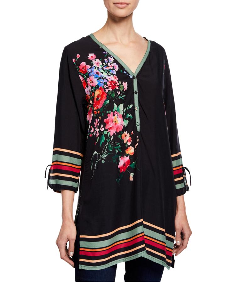 Resort Floral & Stripes Button-down Tunic Blouse