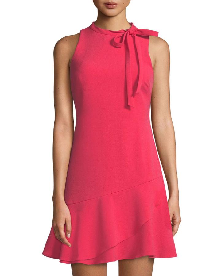 Tie-neck Sleeveless Flounce-hem Dress