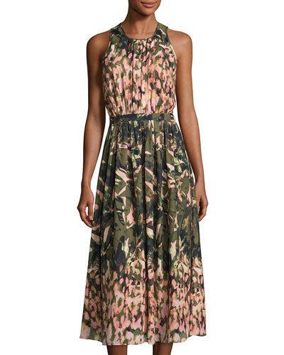 Watercolor-print Sleeveless Gathered Dress