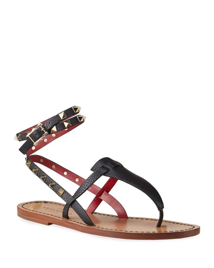 Rockstud Leather T-strap Flat