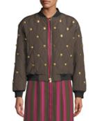Zip-front Quilted Bomber Jacket W/ Golden Buttons