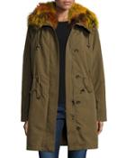 Hooded Zip-front Jacket W/ Multicolored Fur Trim, Green